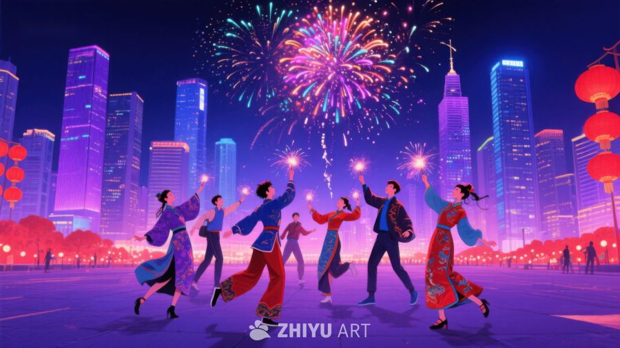 城市夜景中欢庆舞动的人群 20