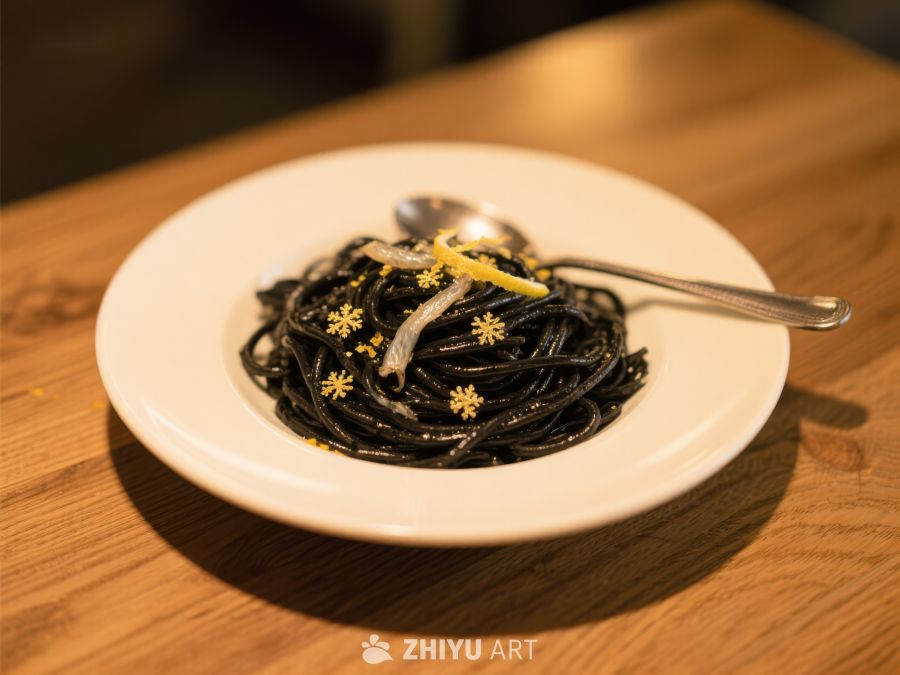 黑墨鱼汁意面配柠檬与装饰