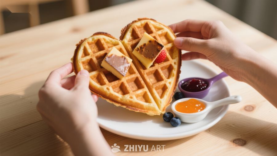 心形华夫饼配果酱与奶油