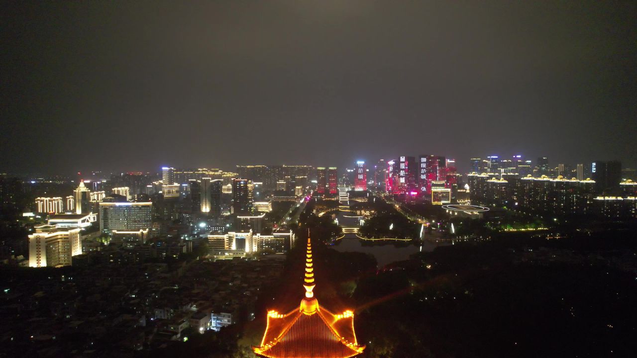 广东佛山夜景魁星阁地标建筑航拍 