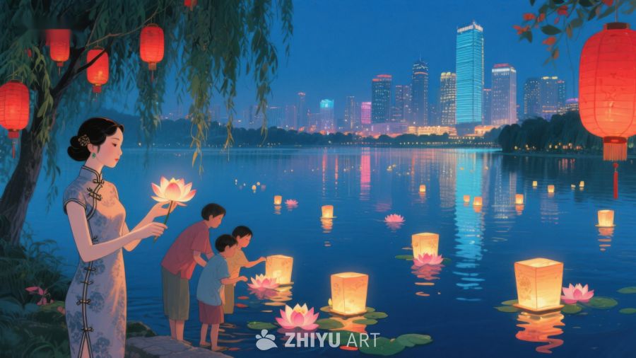 湖畔夜景：家人共放荷花灯 336