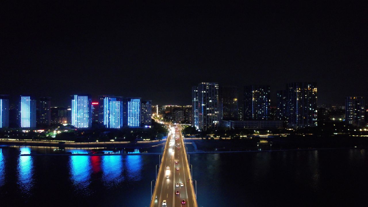 福建福州闽江夜景灯光中洲岛万达广场航拍
