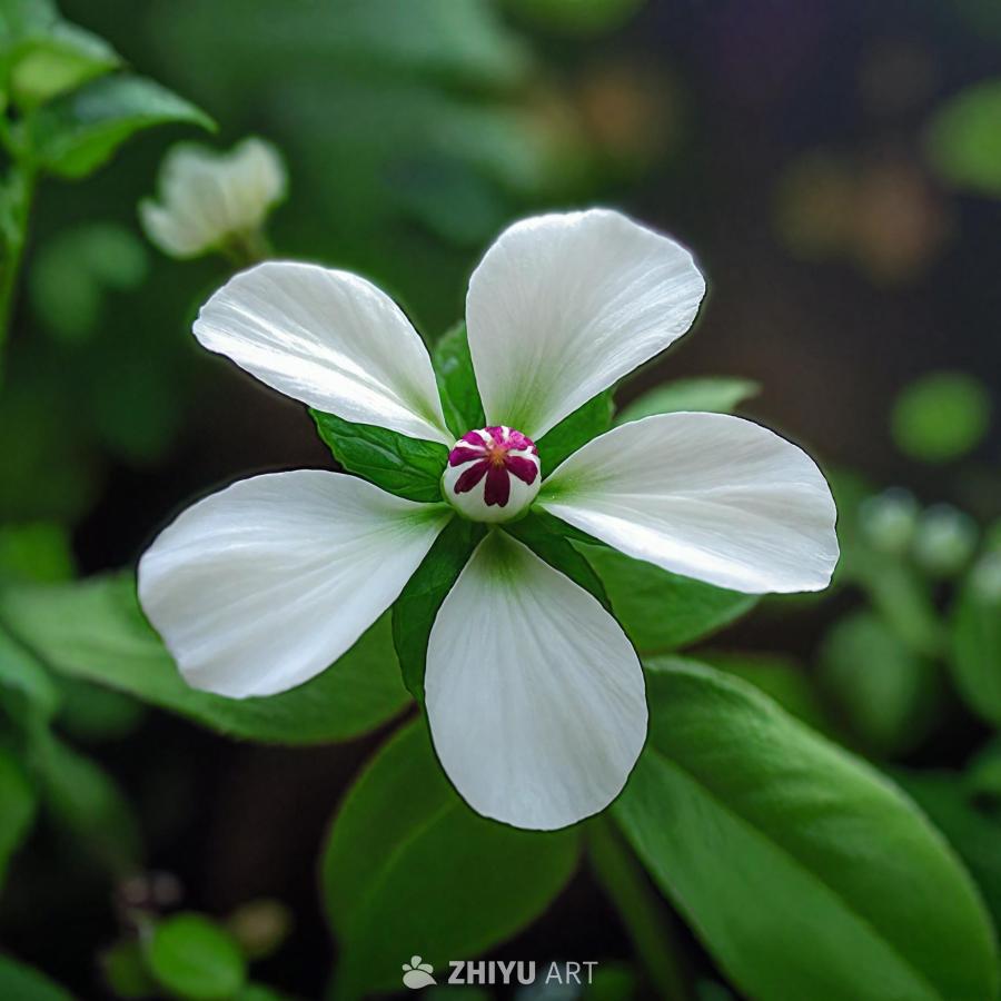 一朵白色花朵，花瓣精致，挺拔地生长在茂盛的绿色植物