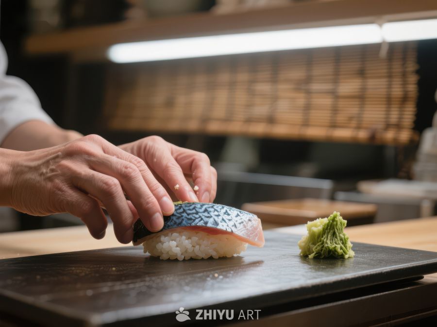 寿司制作：厨师精心摆放鱼片 583