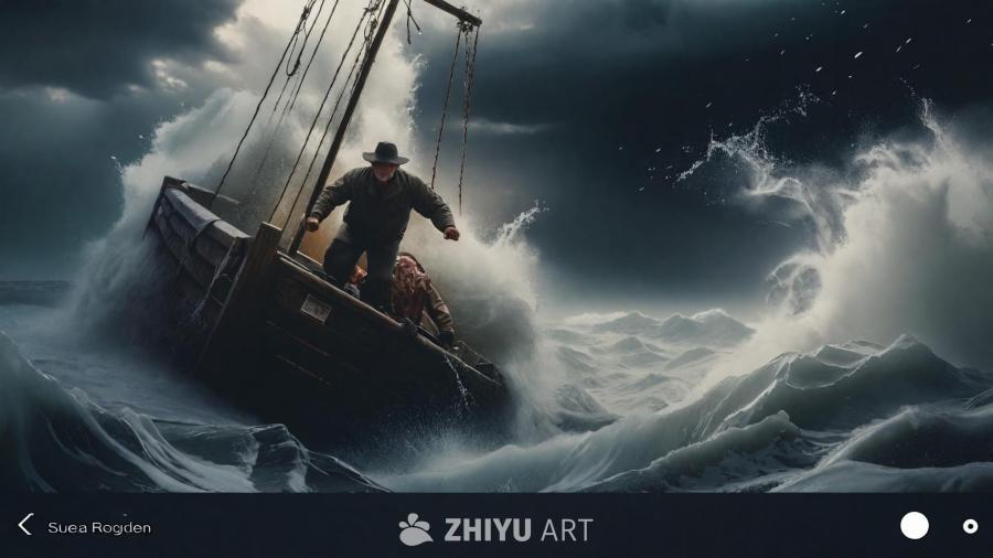 在波涛汹涌的海面上，一艘木制驳船正在经历一场风暴。