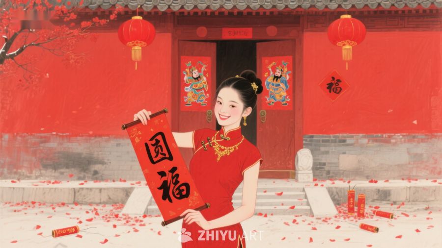 女子手持福字迎新春 737