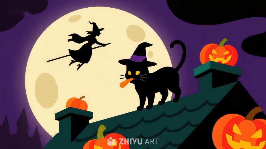 万圣夜屋顶上的猫与飞天女巫