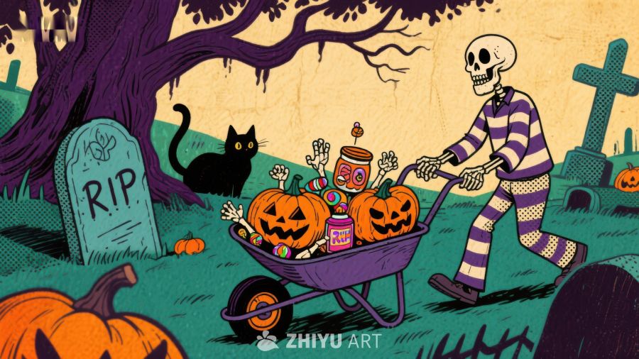 万圣节骷髅推车满载南瓜糖果