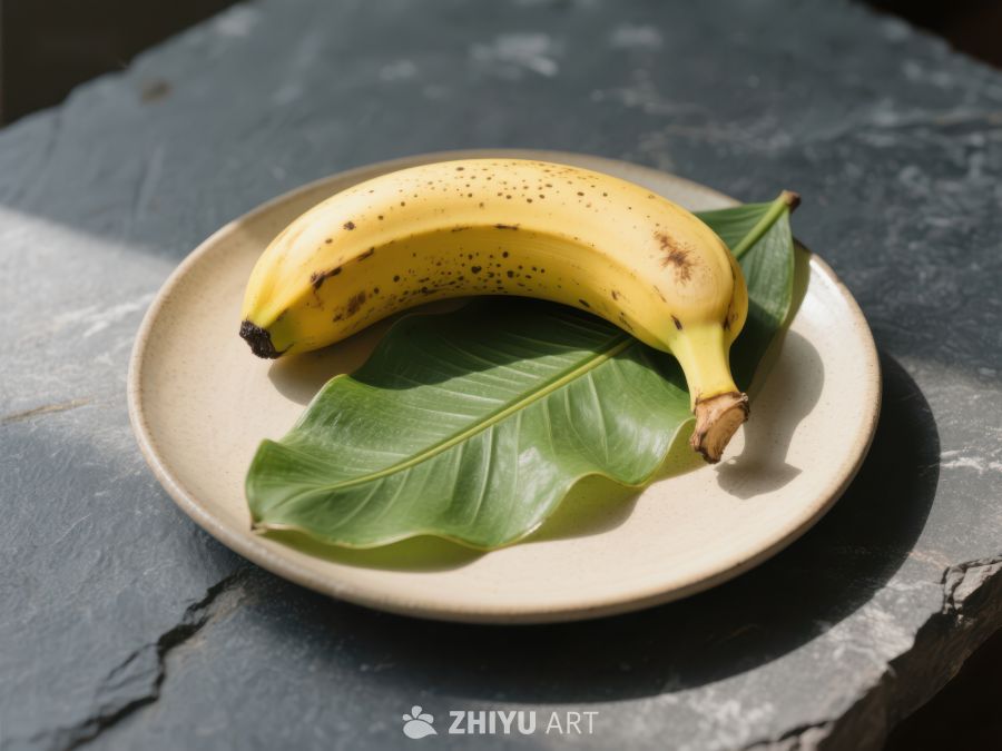 香蕉与绿叶置于盘中 485