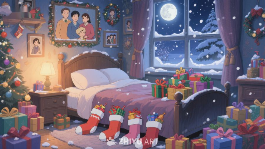 温馨圣诞夜的卧室场景 338