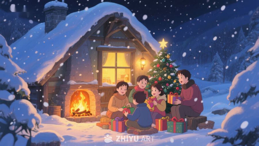 雪夜温馨圣诞树前的家庭聚会 409