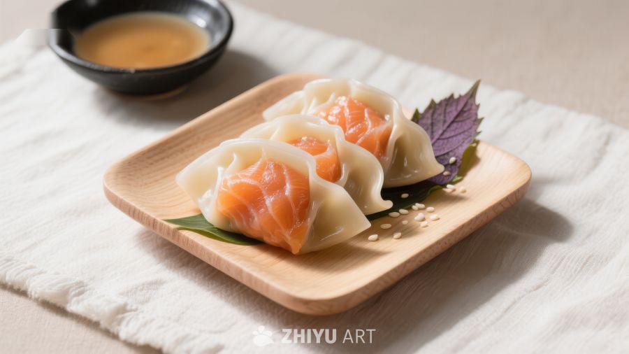 精致三文鱼饺子配紫叶装饰