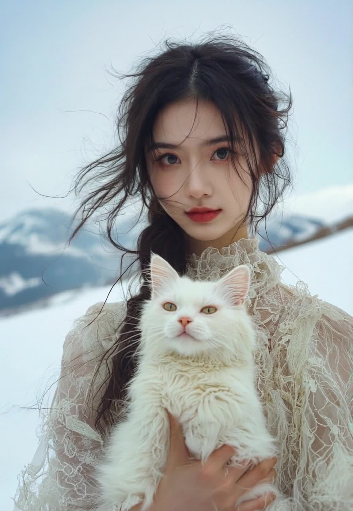 雪山背景下抱猫的白衣女子