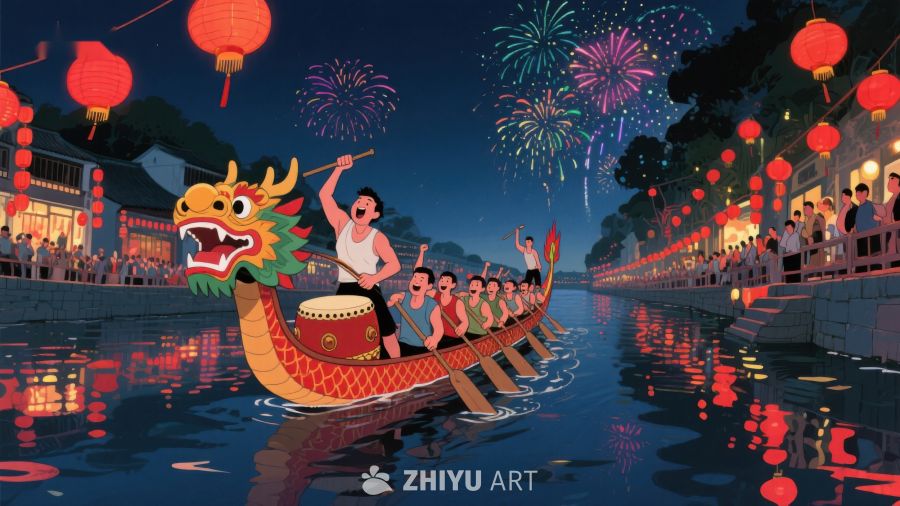 夜色龙舟赛，烟花映河畔 434