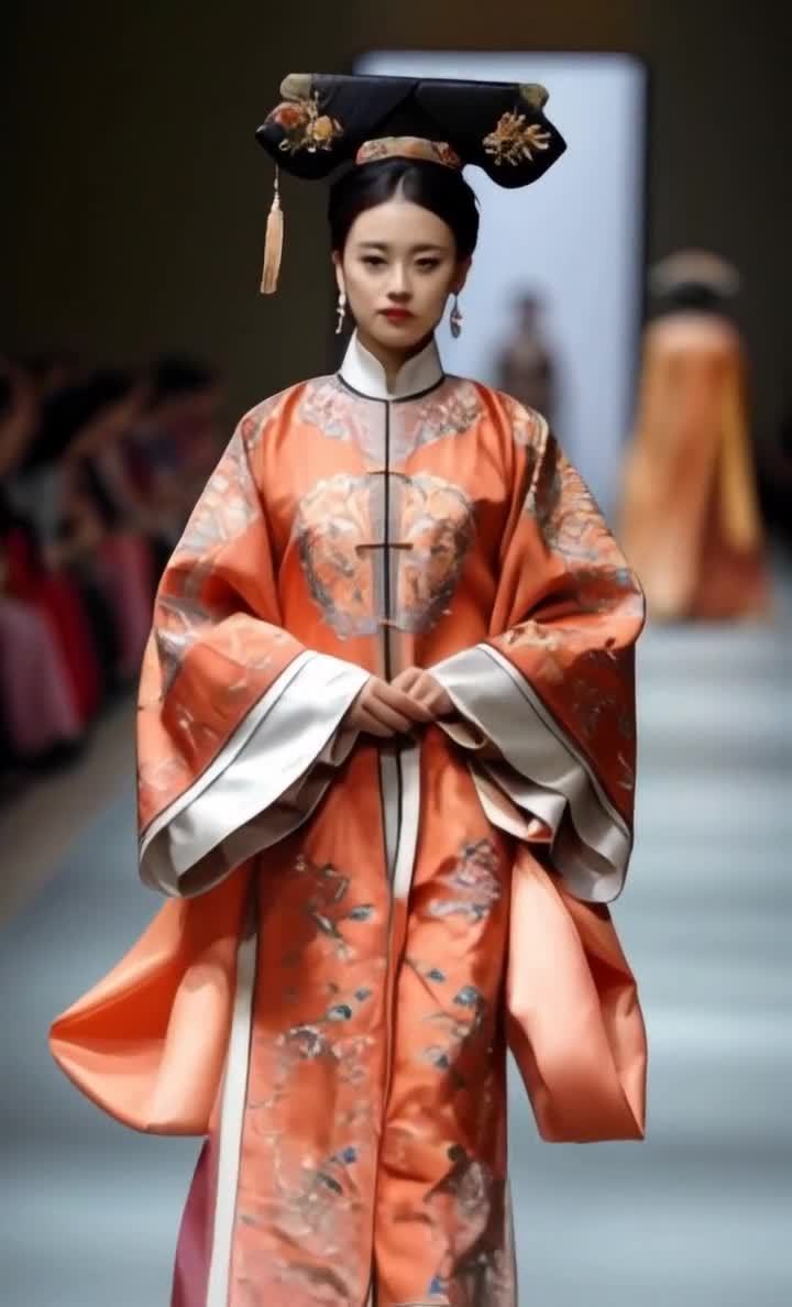 一位身着橘色清朝服饰的女子站在T台上。她头戴黑色头