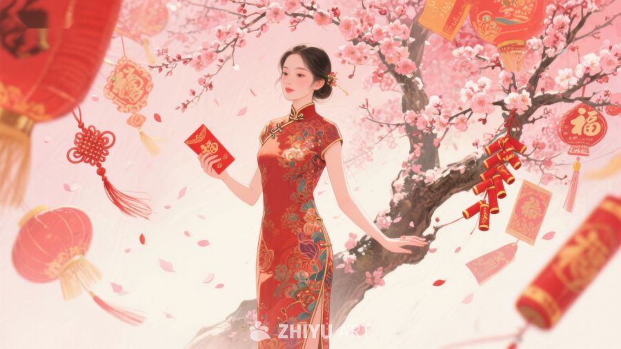 新春佳节，女子手持红包立于花树下 1018