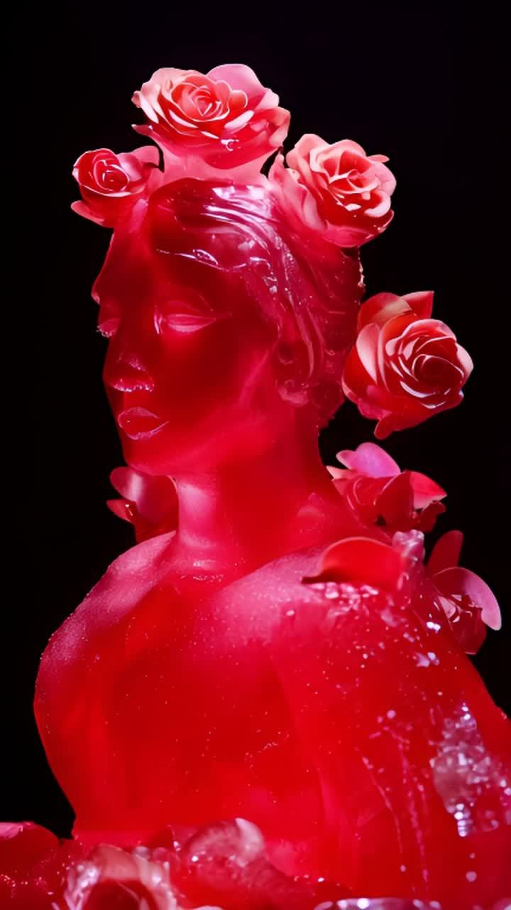 一个红色冰雕女性雕像矗立在黑色背景前，雕像内部冻结