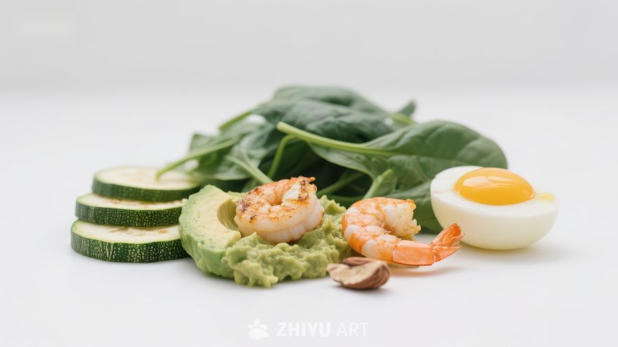 健康食材组合：虾仁、牛油果、鸡蛋与蔬菜