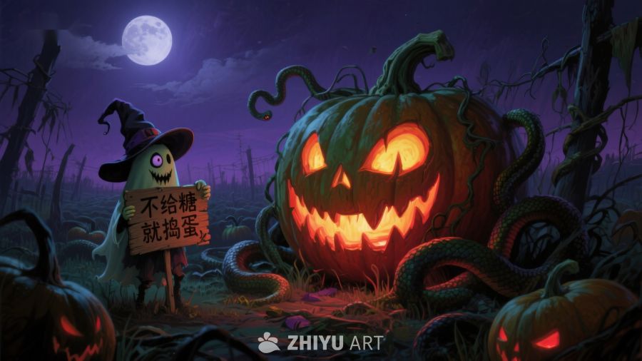 万圣节南瓜与小巫师的夜景