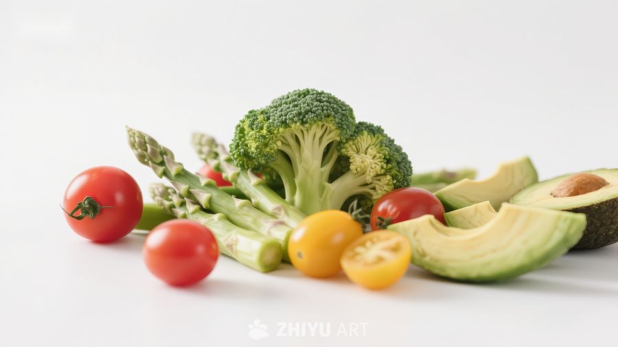新鲜蔬菜组合：西兰花、樱桃番茄和鳄梨