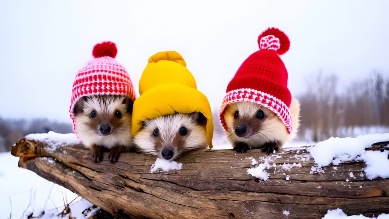 三只刺猬戴着红白相间的针织帽，坐在雪地里的旧木头上