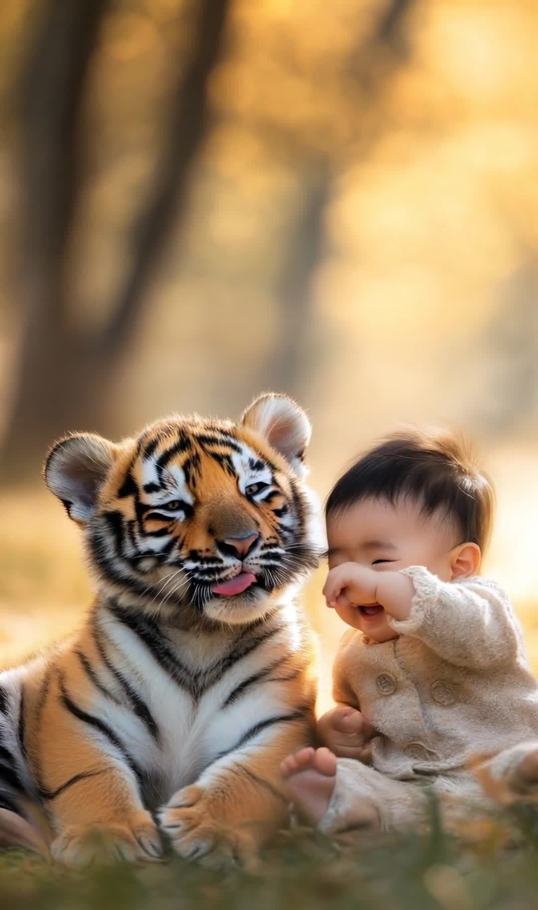 一个婴儿和一个小老虎幼崽坐在草地上，婴儿正在微笑，