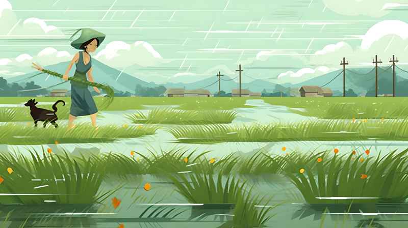 妇女站在稻田与狗，绿色插画风格 8