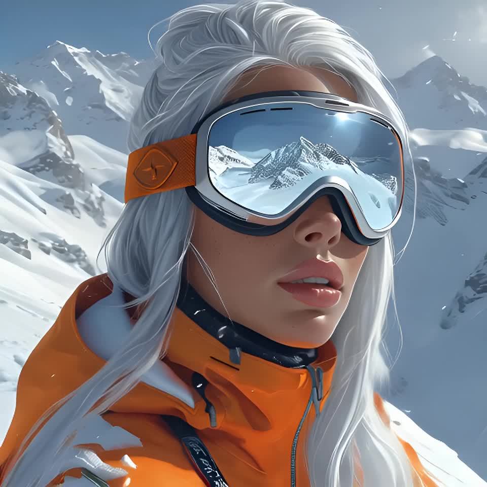 一位穿着橙色滑雪服、戴着滑雪镜的女性，她的头发是银
