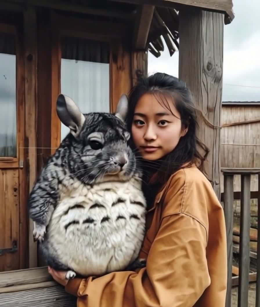 女子与巨型龙猫在木屋前合影