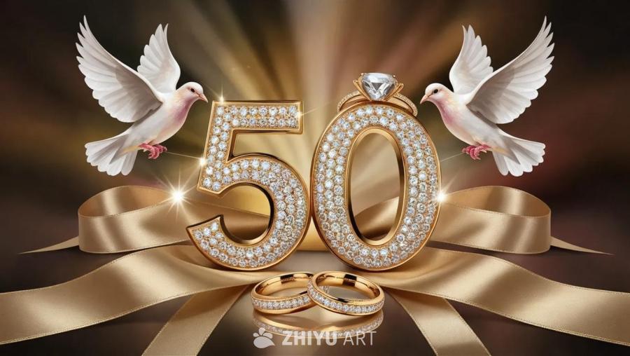 两条厚重的金色丝带作为背景，庆祝金婚纪念日。数字“