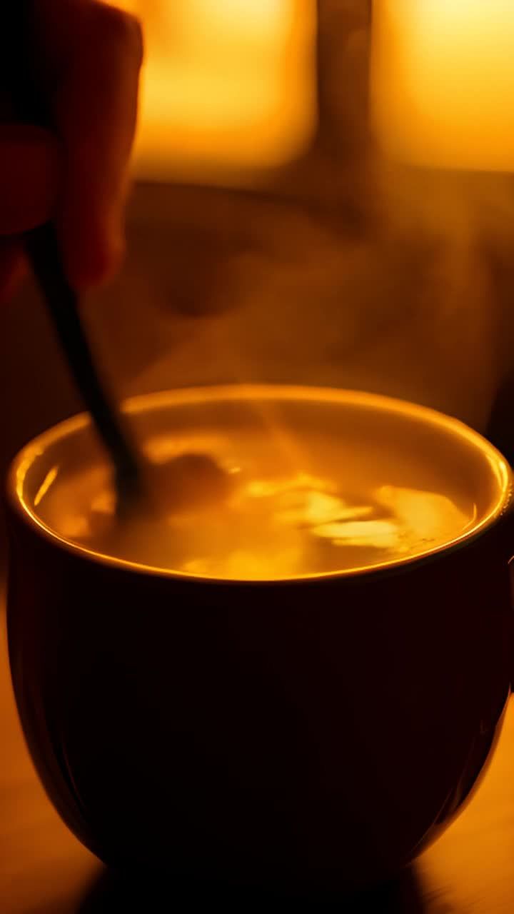 一只手拿着勺子，轻轻搅动杯子里金黄色的饮品。杯子冒