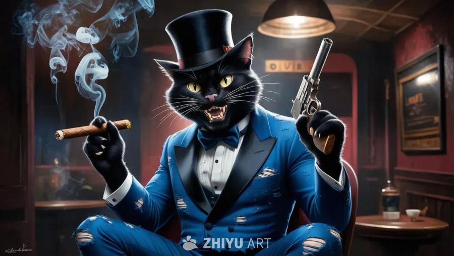一只黑色的公猫，穿着破旧的蓝色燕尾服，头戴礼帽，坐