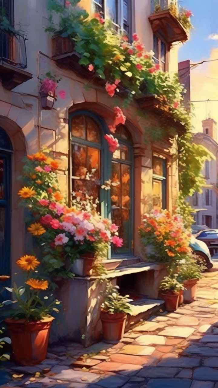 落日时分的街角边的花店插画 19