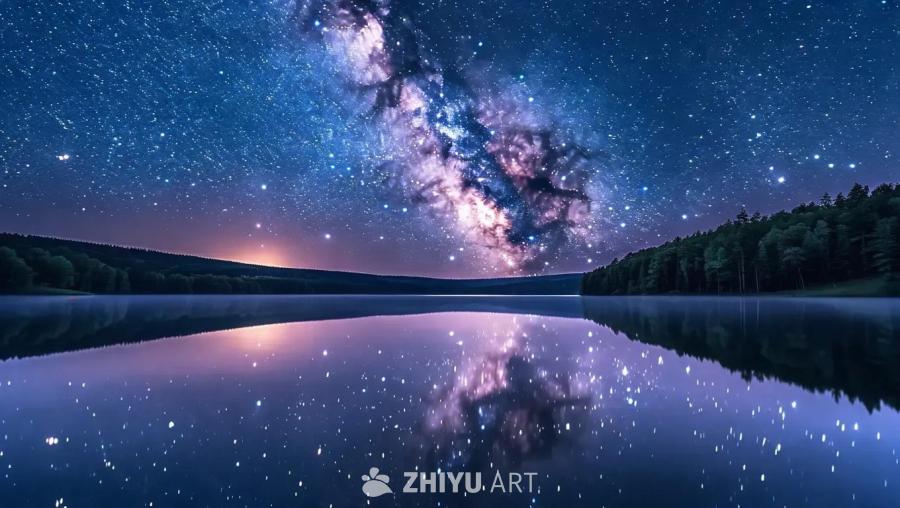 平静的湖面上倒映着浩瀚的星空，水面如镜，月光洒在湖