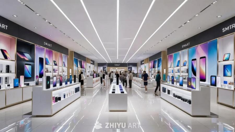 一个宽敞明亮的智能硬件商店，陈列着各式各样的商品。