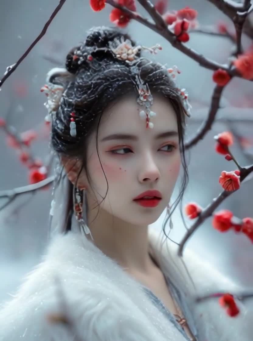 雪梅映美人，古典妆容，发饰精致红唇点缀。
