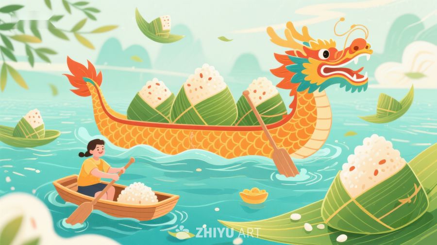 龙舟竞渡与粽子的节日场景 308