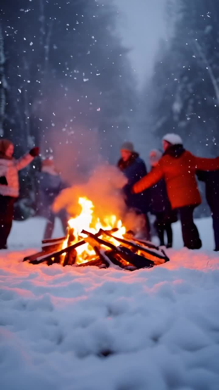 雪花轻轻飘落在宁静的冬季背景中。人们围绕着篝火快乐
