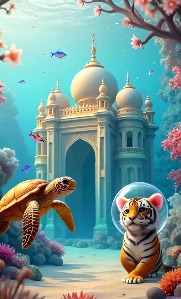 海底场景，一只乌龟和一只戴着透明头盔的老虎，周围有