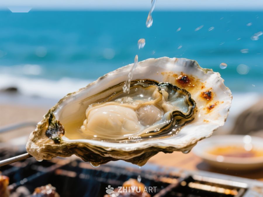 新鲜生蚝烧烤，海边美食享受 806