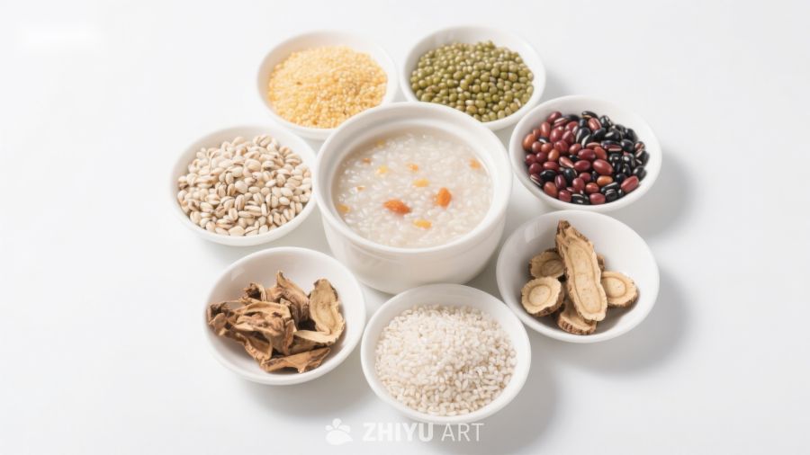 多种食材与粥品的组合展示