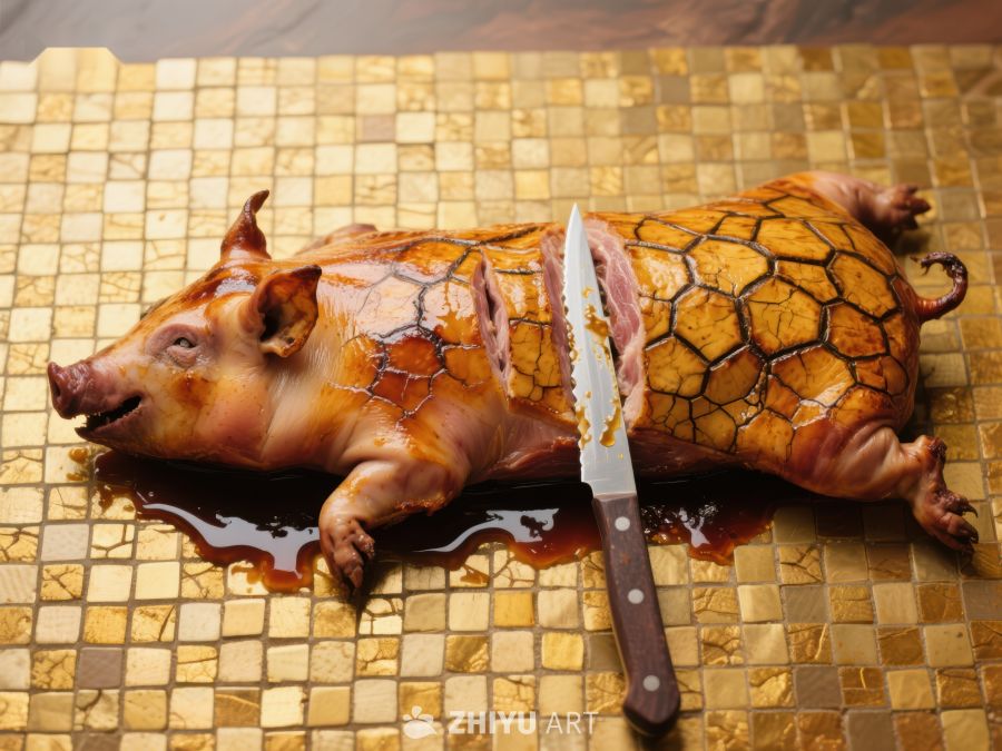 烤乳猪切片，置于马赛克台面
