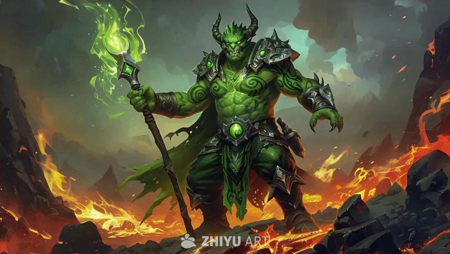 一个酸绿色的龙裔术士，身上装饰着复杂的纹身，手持一