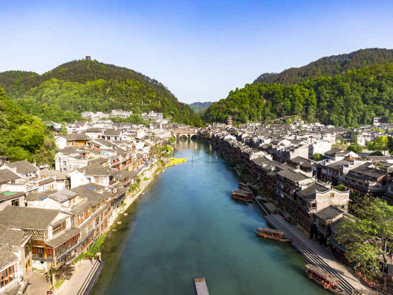 中国著名旅游景点湖南湘西凤凰古城航拍摄影图