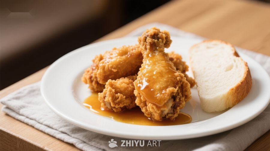 炸鸡配蜂蜜与面包片