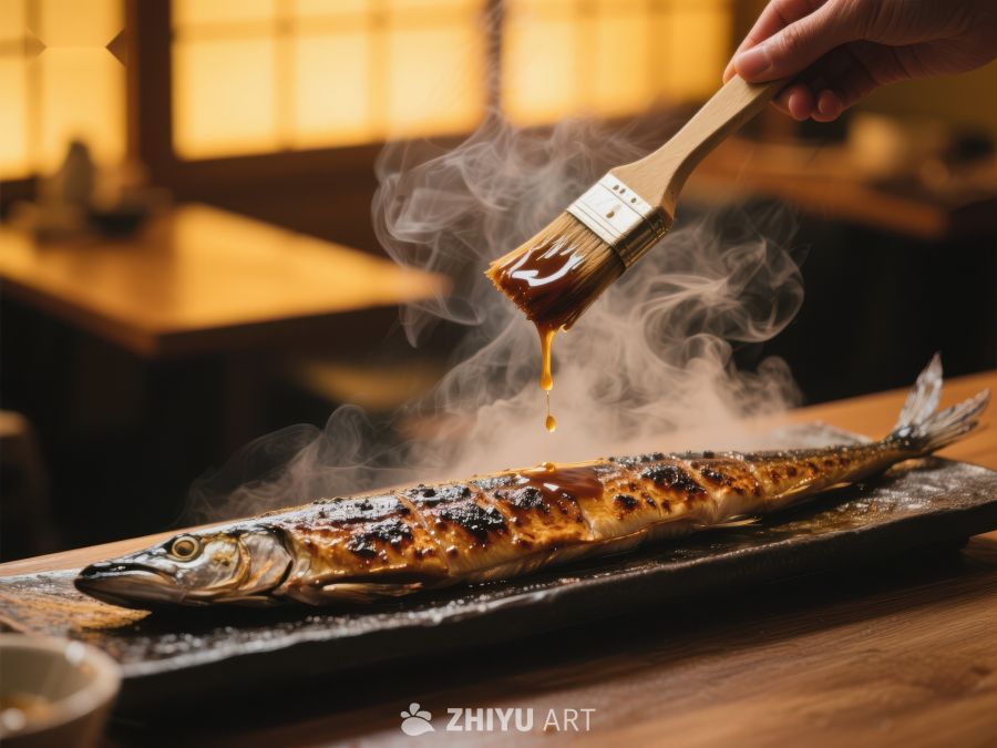 烤鱼刷酱，热气腾腾 123