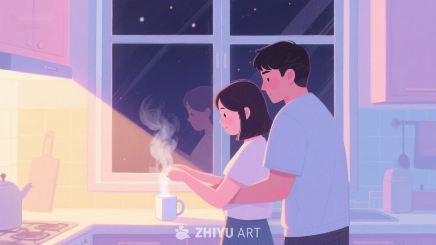 厨房温馨夜景：情侣共饮热茶 70