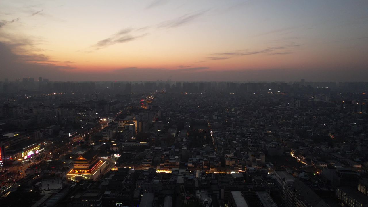 西安晚霞夜幕降临航拍