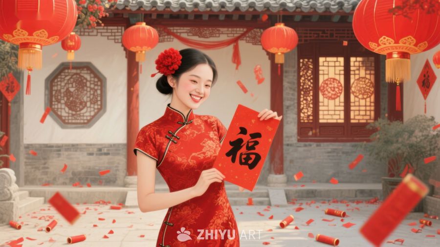 女子身着红衣手持福字庆祝节日 704