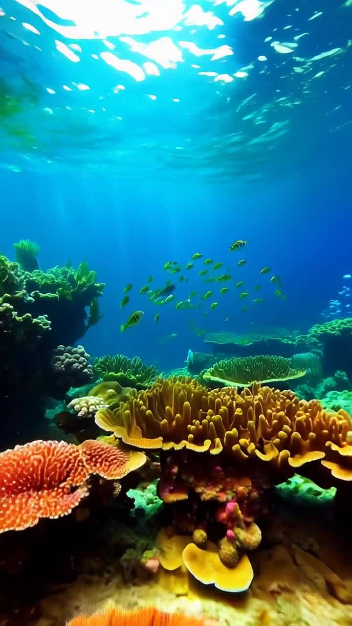 一个水下场景，海底铺满橙色珊瑚和绿色海藻，周围是鲜